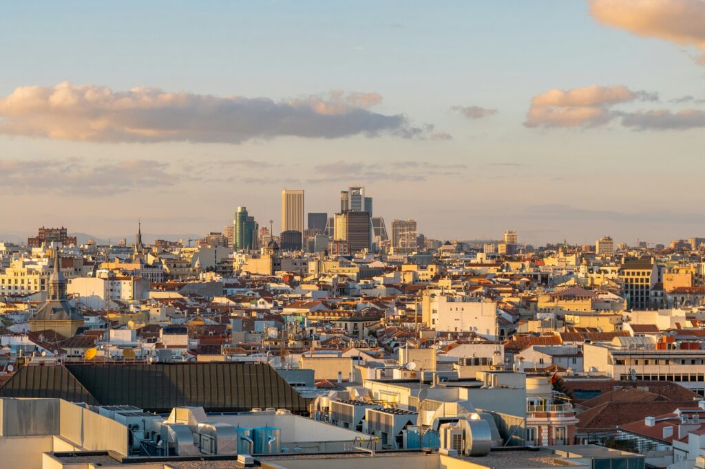 Beautiful view of the skyline of Madrid in the city center during sunset