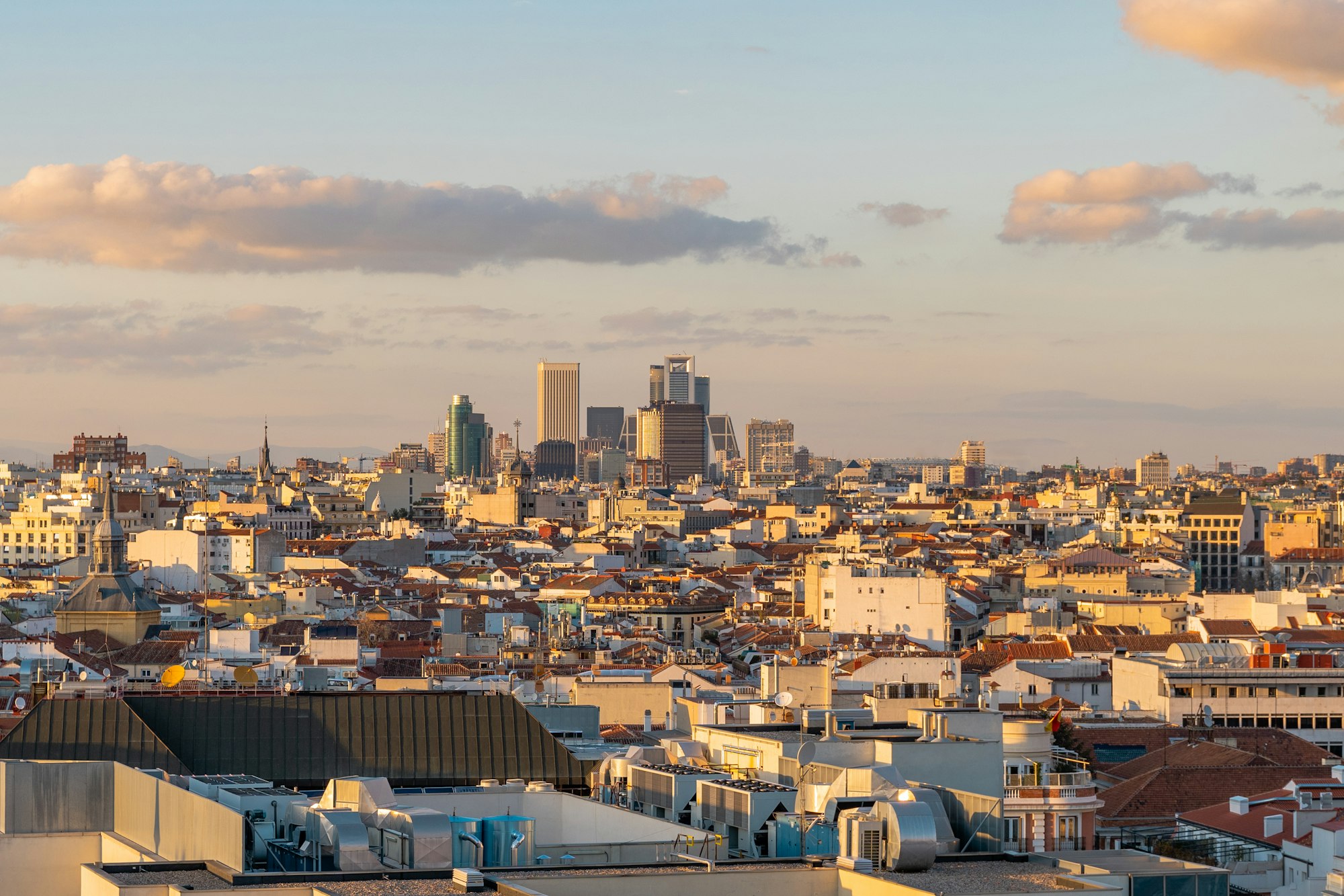 Beautiful view of the skyline of Madrid in the city center during sunset