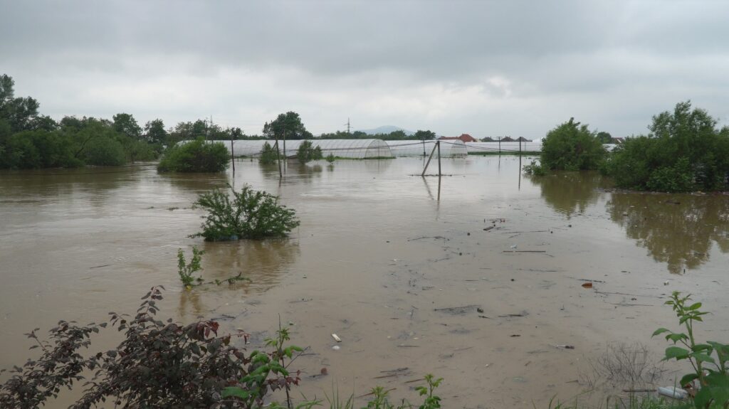 Spring field flooded by high water of a small river in spring