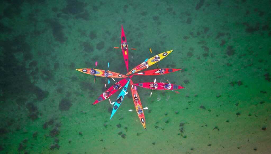 Top view shot of Kayaking in Morbihan gulf in Brittany, France